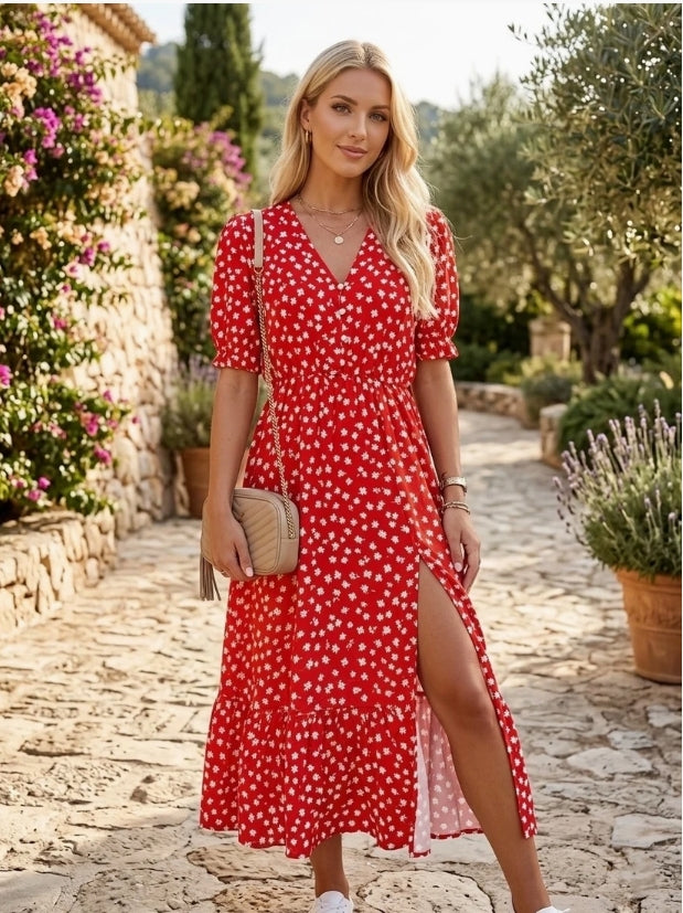 Robe fleurie rouge et blanche